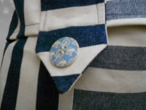 Cream And Blue Stripped Cushion Close Up of Tab And Pale Blue Button